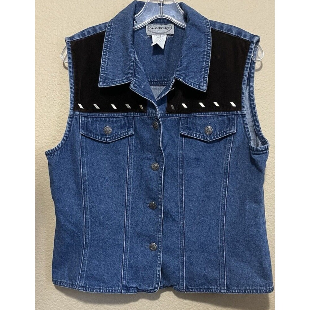 Vintage Stonebridge Denim Vest Blue Brown SZ 12 Med Silver Buttons Western Rodeo
